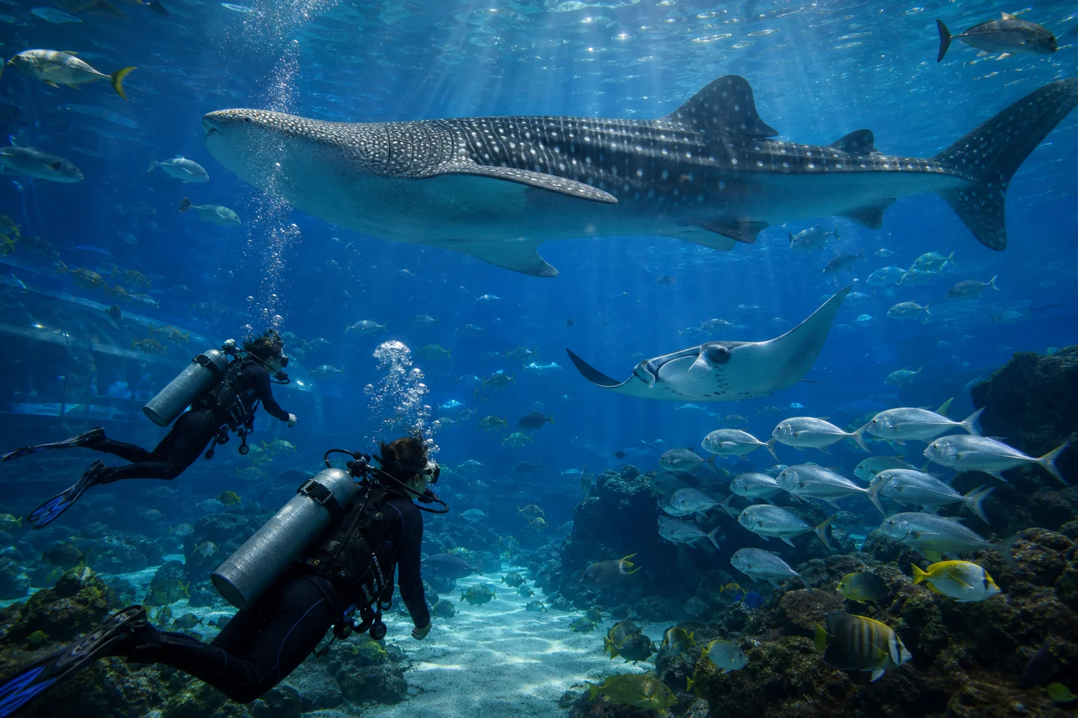 Original editorial illustration representing Five Aquarium Dives That Bring Big-Ocean Encounters Indoors