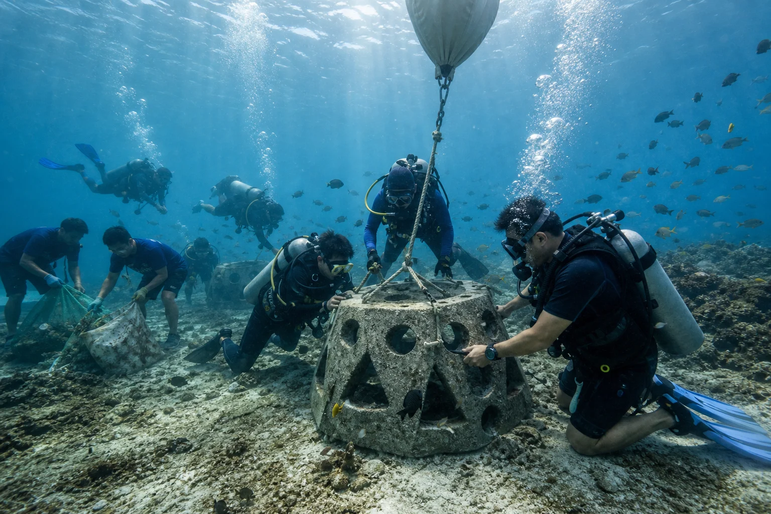 Original editorial illustration representing Divers Help Deploy Artificial Reefs During Olongapo Coastal Cleanup