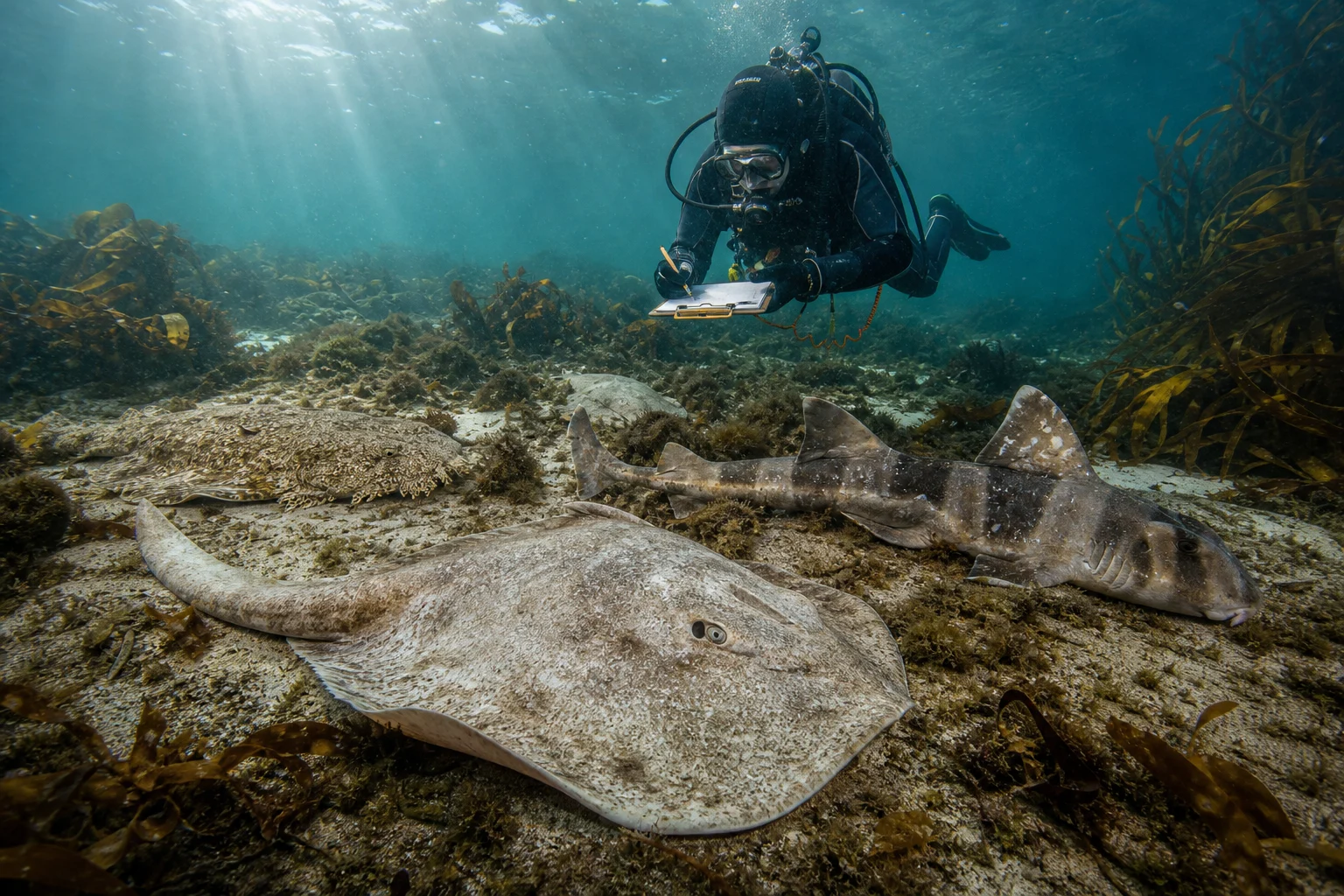 Original editorial illustration representing South Australia Bloom Report Documents at Least 8,255 Shark and Ray Deaths