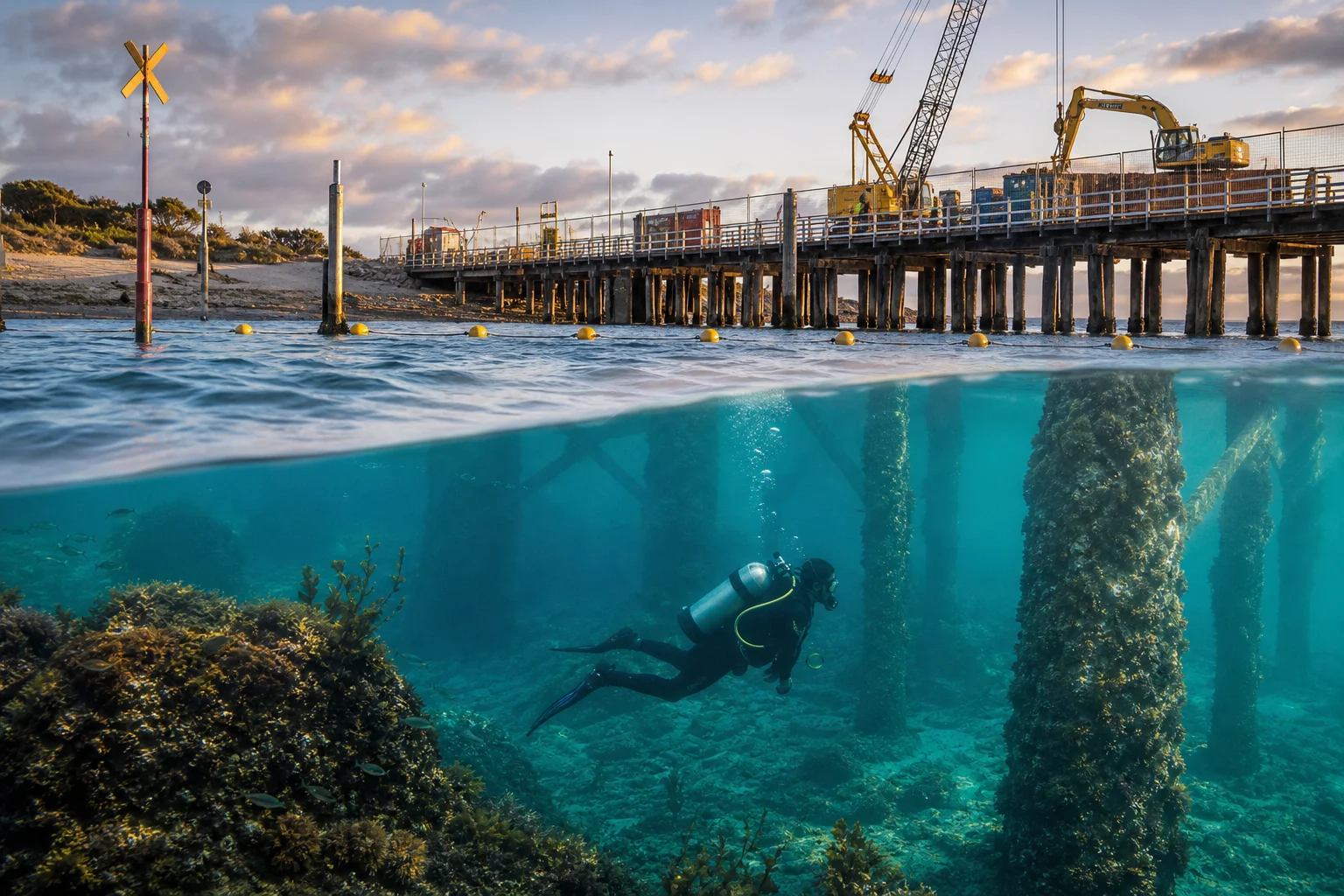 Original editorial illustration representing Woodman Point Ammo Jetty Dive Closure Continues Through Major Replacement Project
