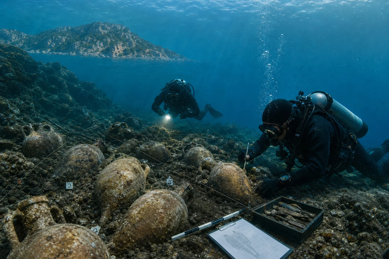 Original editorial illustration representing Kekova Amphora Site Claimed as World’s Oldest Known Shipwreck