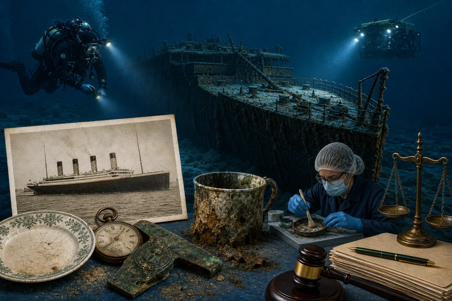 Original editorial illustration representing Federal Court Keeps Titanic Artifact Auction on Hold