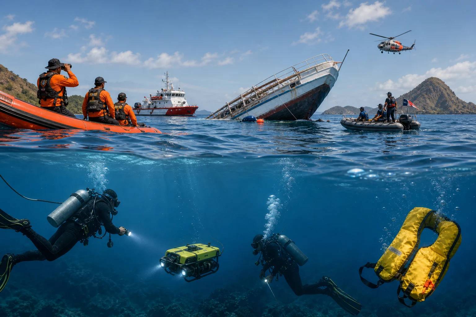 Original editorial illustration representing Komodo Dive-Boat Sinking Leaves Divemaster Missing as Search Expands