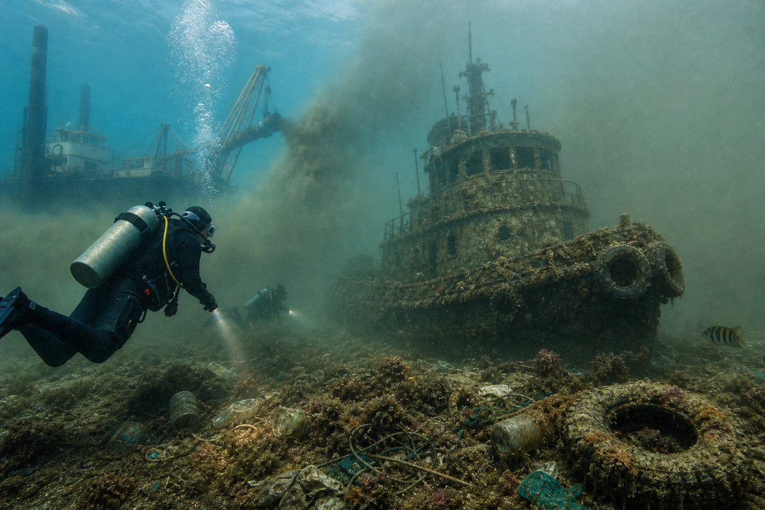 Original editorial illustration representing Recife Shipwreck Park Faces Turbidity and Debris Concerns During Port Dredging
