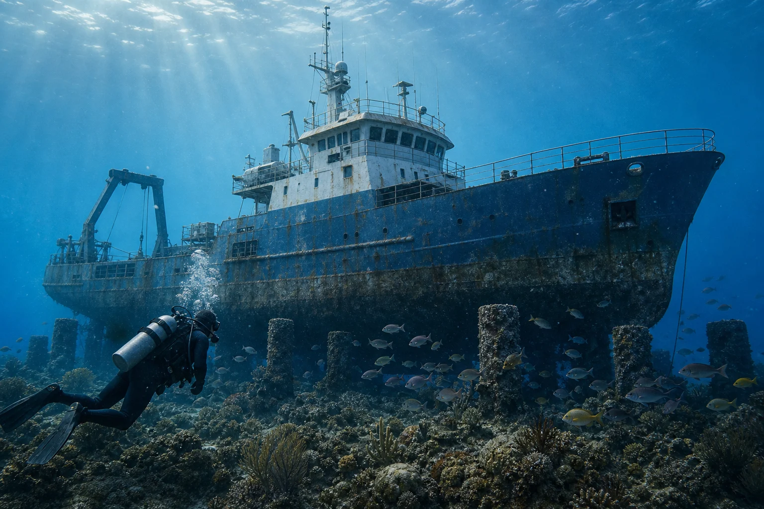 Original editorial illustration representing North Carolina Advances Plan to Reef R/V Cape Hatteras