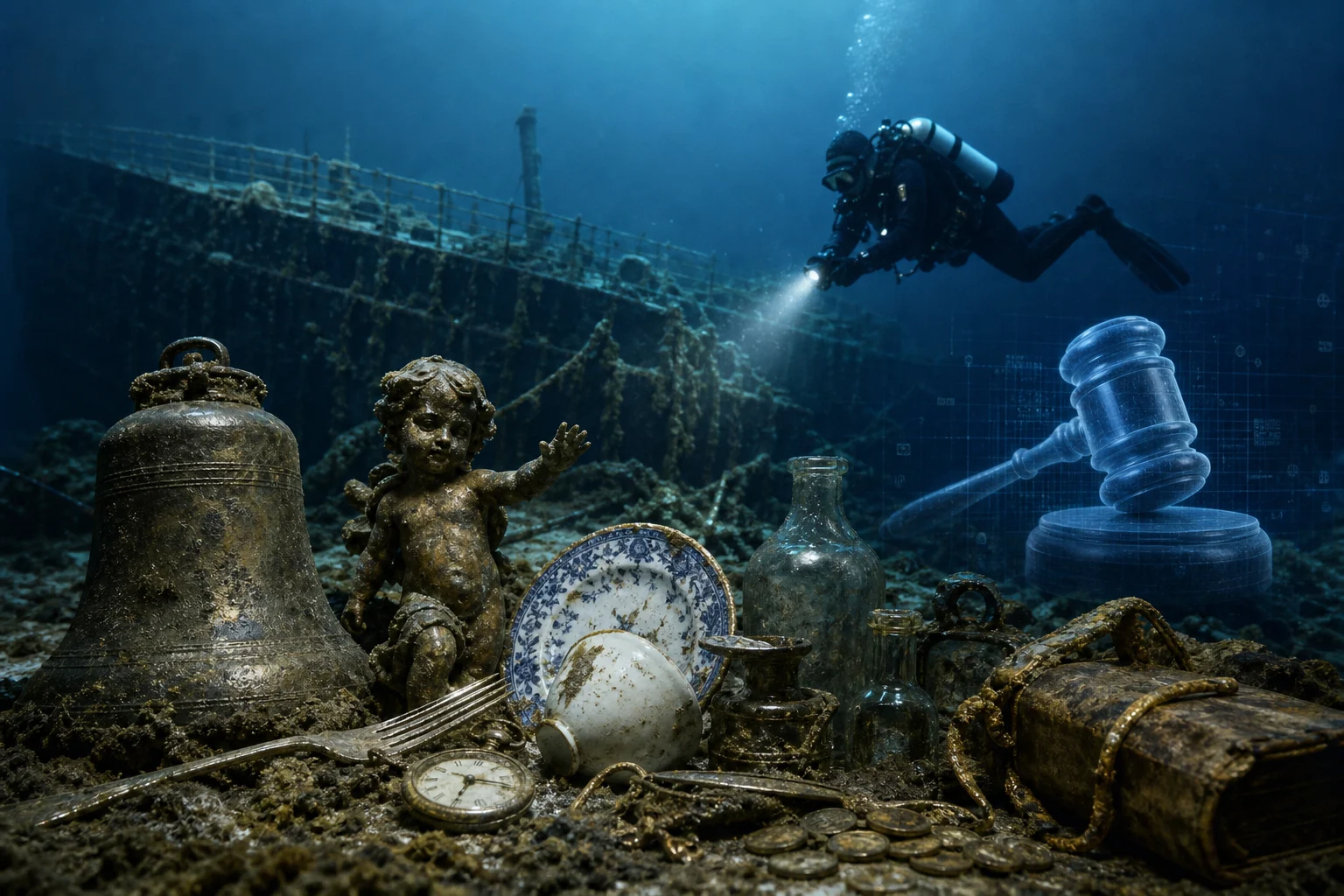 Original editorial illustration representing Federal Judge Blocks Planned Sale of 361 Titanic Artifacts