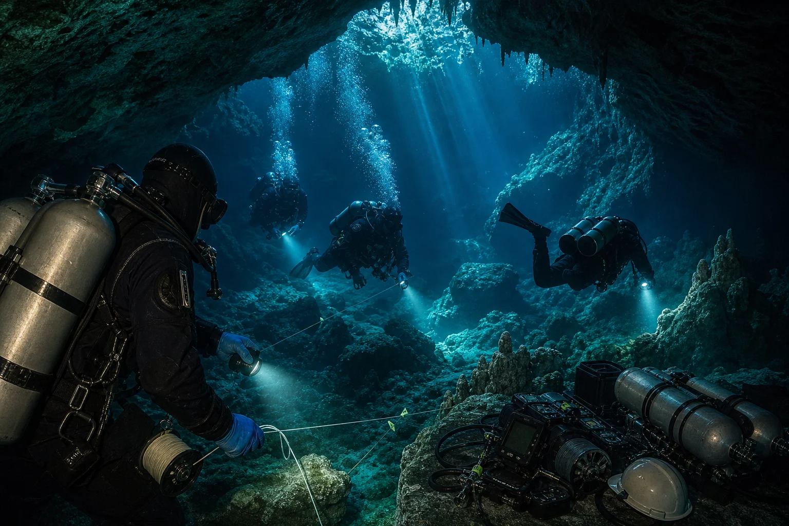 Original editorial illustration representing Autopsies Establish Anoxia in Maldives Cave Fatalities, Not the Initiating Cause