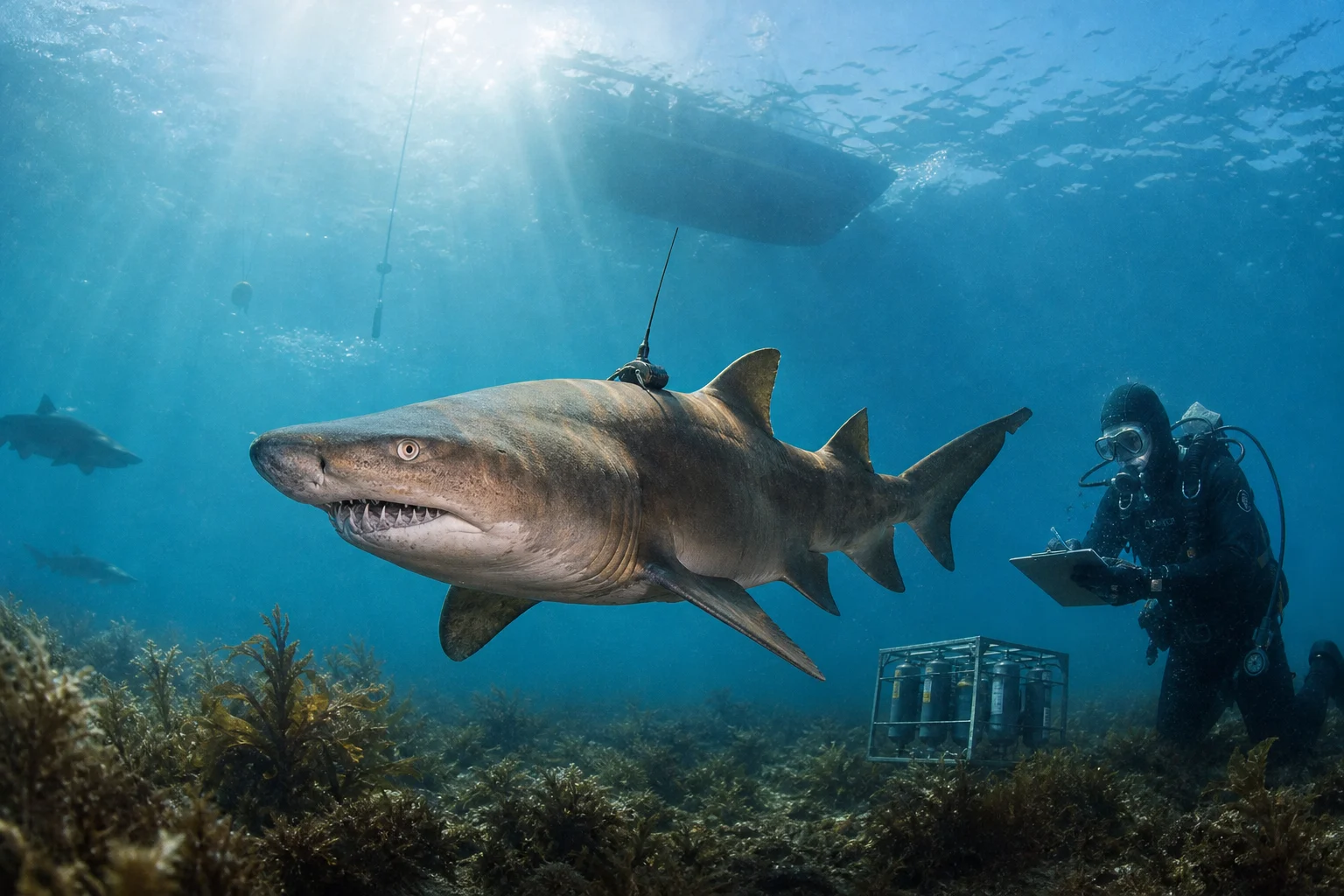 Original editorial illustration representing Study Questions Delaware Bay Sand-Tiger Collection for Global Aquariums