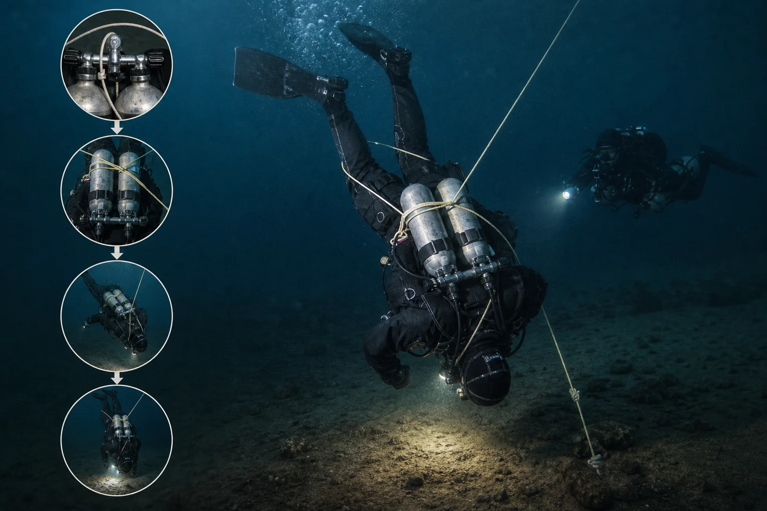 Original editorial illustration representing Fatal-Dive Reconstruction Shows How a Guideline Loop Can Trap and Invert a Technical Diver