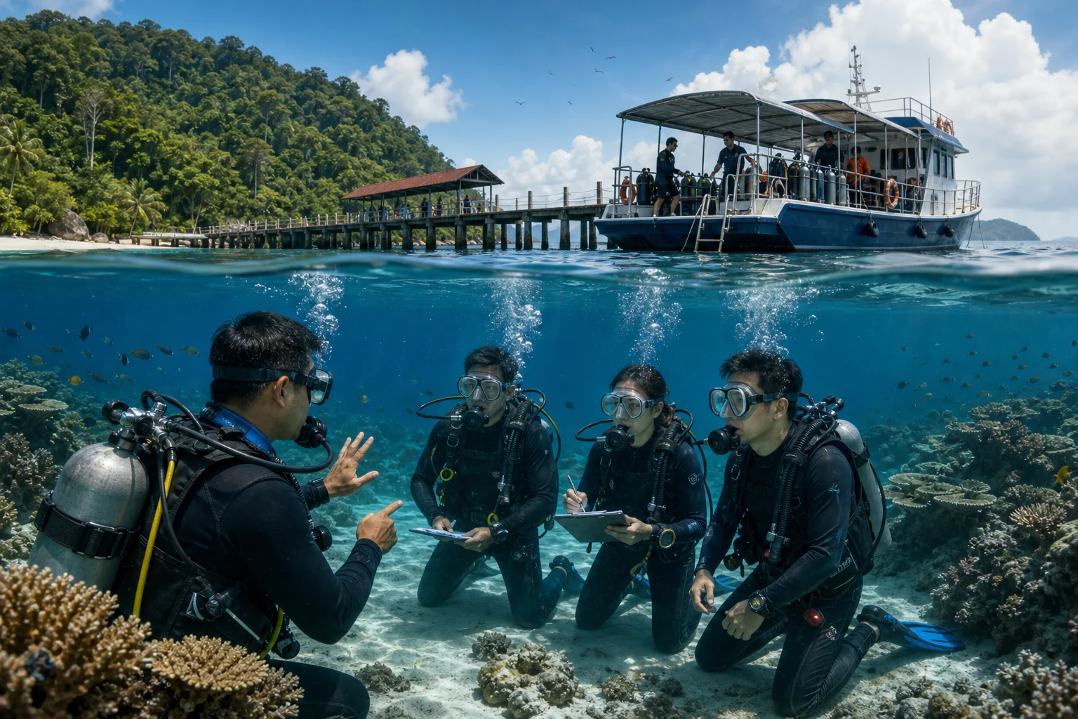 Original editorial illustration representing Malaysia Dive Industry Proposes National Safety Council and Scuba Academy