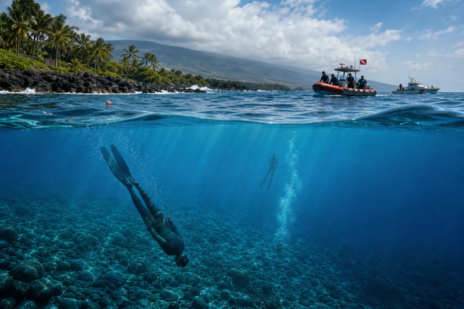 Original editorial illustration representing Hawaiʻi Freediver Dies After Buddy Loses Sight Near Pebble Beach