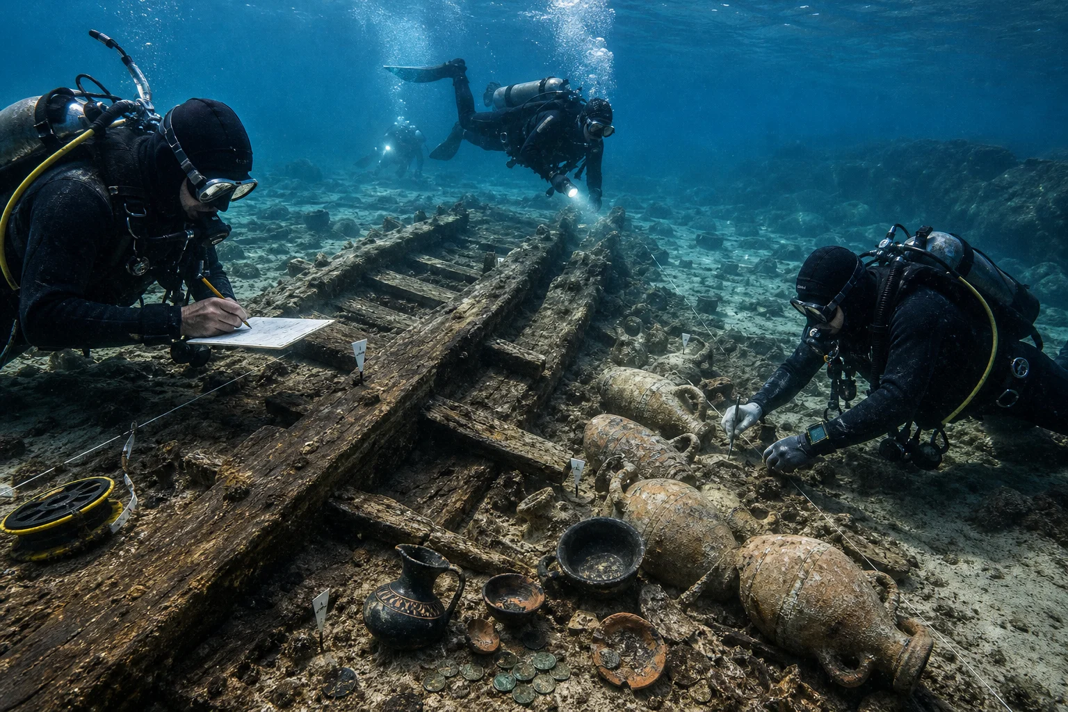Original editorial illustration representing Vis Shipwreck Preserves Hellenistic Hull and Rare Greek Tableware