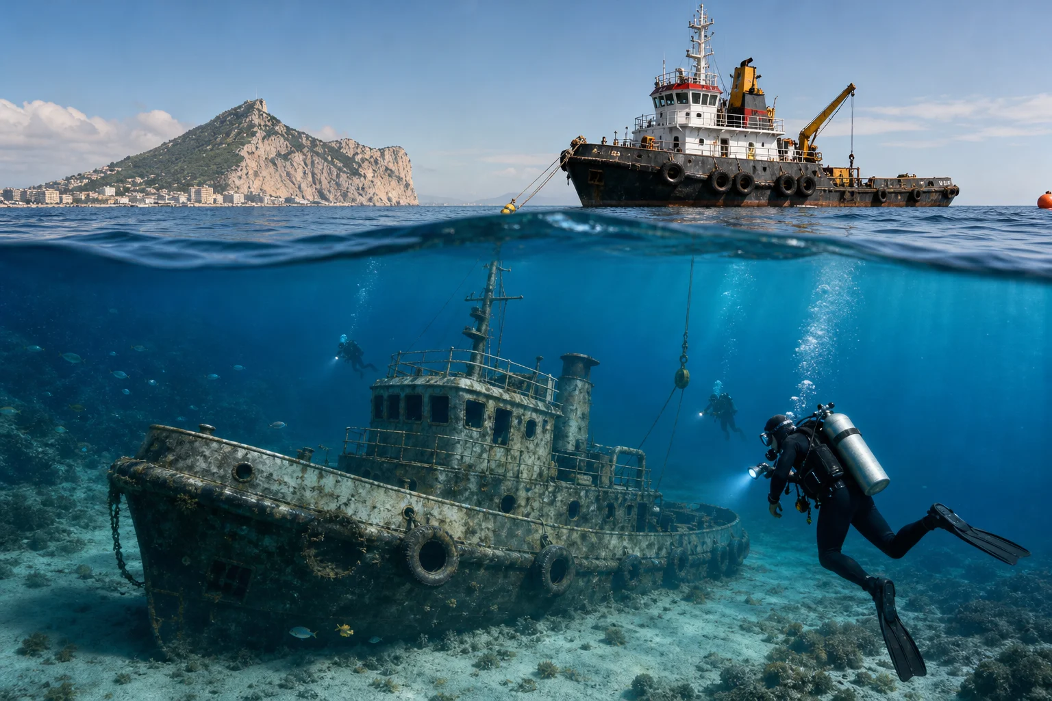 Original editorial illustration representing Gibraltar Schedules Tug Cyclone as New 20-Metre Artificial Reef
