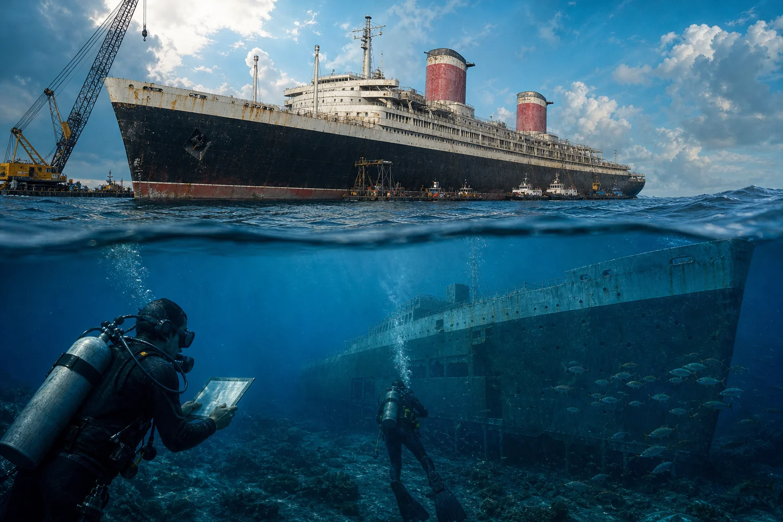 Original editorial illustration representing SS United States Reef Deployment Scheduled for Second Week of November