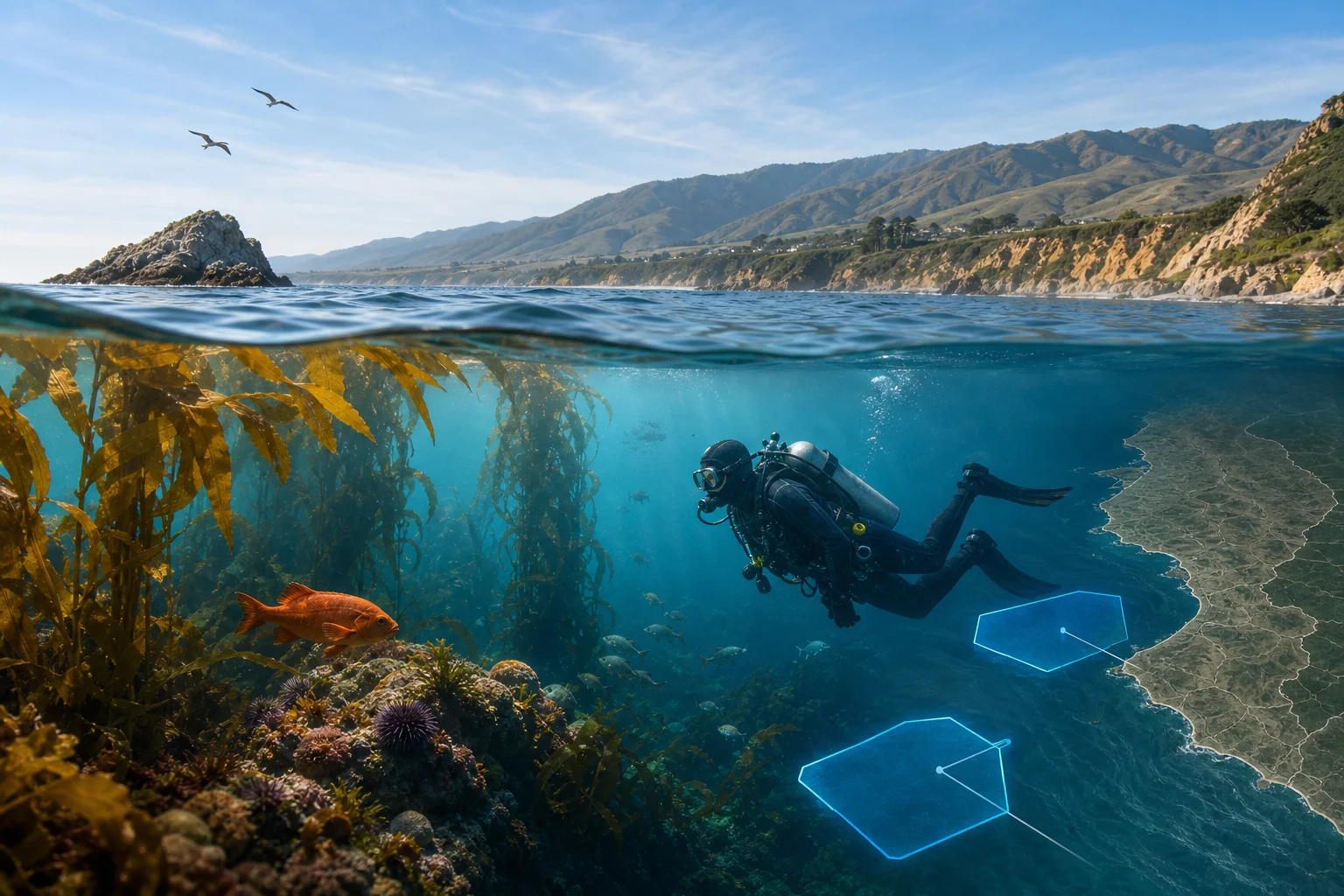 Original editorial illustration representing California Advances Two New Coastal MPAs—but Dive Restrictions Are Not Yet in Force